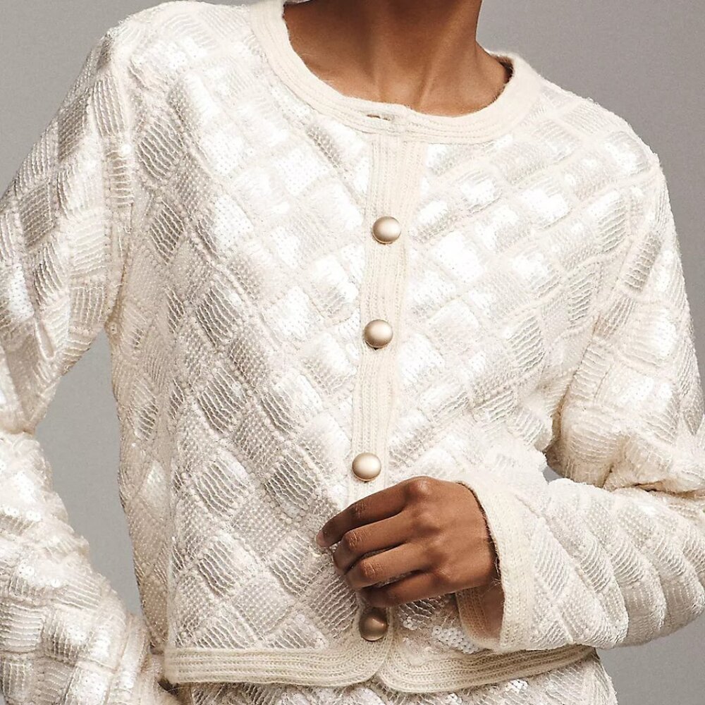 Anthropologie Endless Rose Sequin Patchwork Knit Jacket M NWOT